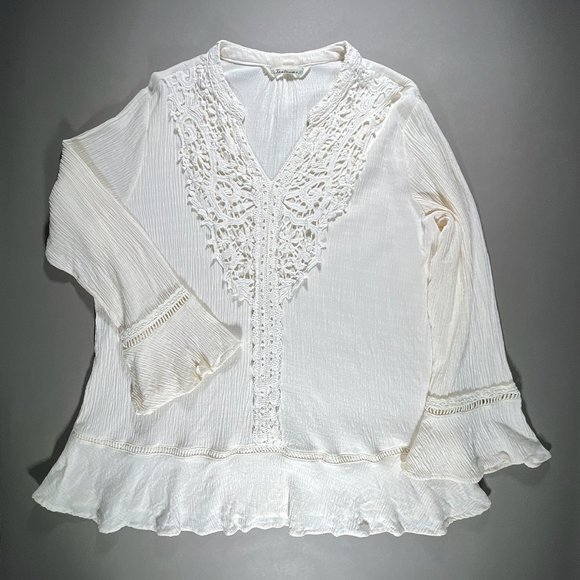 Tantrums Tunic‎ Bell Sleeves Crochet Around Collar Off White Size XXL - Picture 1 of 16
